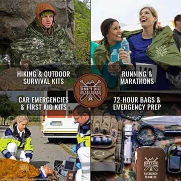 Don't Die In The Woods - Freakin’ Huge Emergency Blankets [4-Pack] Extra-Large Thermal Mylar Space Blankets with Ripstop Nylon Stuff Sacks + Carabiner Zipper Pack [Survival Orange]