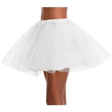 Women's, Teen, Adult Classic Elastic 3, 4, 5 Layered Tulle Tutu Skirt (One Size, 4Layer-White)