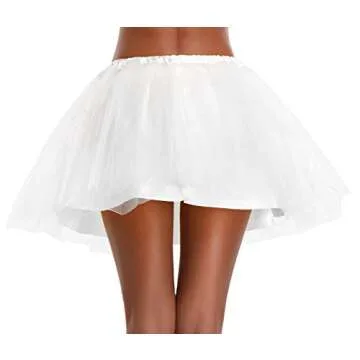 Women's, Teen, Adult Classic Elastic 3, 4, 5 Layered Tulle Tutu Skirt (One Size, 4Layer-White)