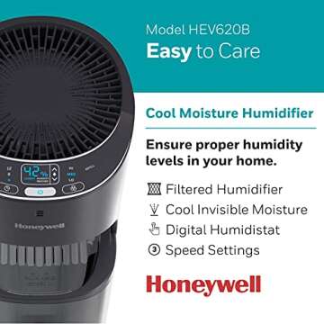Honeywell Top Fill Tower Humidifier, Digital Humidistat, Black – Cool Mist Humidifier for Bedroom,...