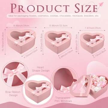 Resurhang 12 Pcs Valentine's Day Heart Shaped Boxes for Flower Bridesmaid Proposal Floral Gift Box with Transparent Window Lids Flower Box Gift for Wedding Birthday, 3 Sizes(Black, Pink)
