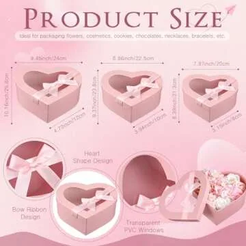 Resurhang 12 Pcs Valentine's Day Heart Shaped Boxes for Flower Bridesmaid Proposal Floral Gift Box with Transparent Window Lids Flower Box Gift for Wedding Birthday, 3 Sizes(Black, Pink)