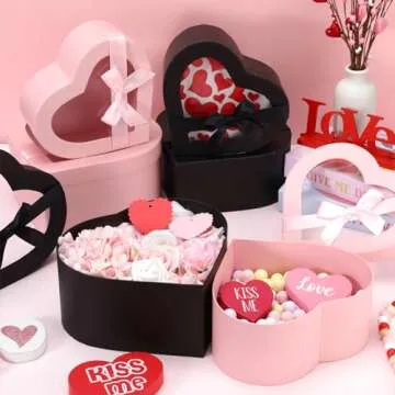 Resurhang 12 Pcs Valentine's Day Heart Shaped Boxes for Flower Bridesmaid Proposal Floral Gift Box with Transparent Window Lids Flower Box Gift for Wedding Birthday, 3 Sizes(Black, Pink)