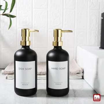 GMISUN Gold Soap Dispenser, 2 Pack Matte Black Glass Bathroom Hand Soap Dispenser with Rustproof Golden Pump, 16 Oz Kitchen Hand and Dish Soap Dispensers Set, Modern Liquid Soap Lotion Bottle