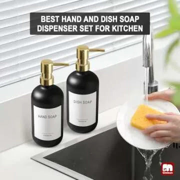 GMISUN Gold Soap Dispenser, 2 Pack Matte Black Glass Bathroom Hand Soap Dispenser with Rustproof Golden Pump, 16 Oz Kitchen Hand and Dish Soap Dispensers Set, Modern Liquid Soap Lotion Bottle
