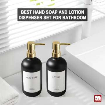 GMISUN Gold Soap Dispenser, 2 Pack Matte Black Glass Bathroom Hand Soap Dispenser with Rustproof Golden Pump, 16 Oz Kitchen Hand and Dish Soap Dispensers Set, Modern Liquid Soap Lotion Bottle