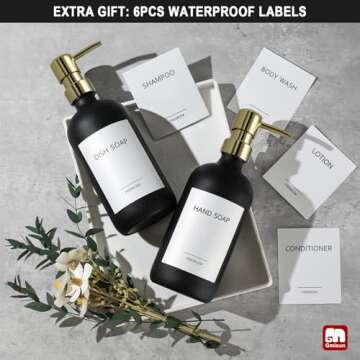 GMISUN Gold Soap Dispenser, 2 Pack Matte Black Glass Bathroom Hand Soap Dispenser with Rustproof Golden Pump, 16 Oz Kitchen Hand and Dish Soap Dispensers Set, Modern Liquid Soap Lotion Bottle