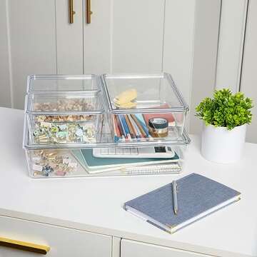 Martha Stewart Brody Plastic Storage Organizer Bins with Lids, 4 Pack, Clear/White