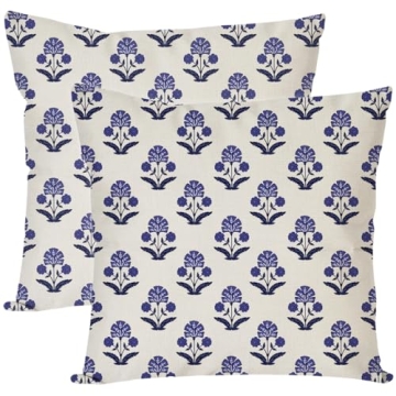 PANDICORN Vintage Floral Throw Pillow Covers 18x18 Inch Set of 2 Blue and White Floral Flower Outdoo...