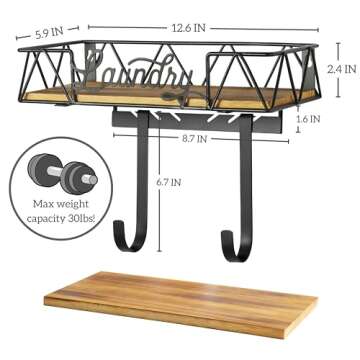 PERFNIQUE Ironing Board Holder, Wall Mount Iron Board Hanger with Removable Hooks (T&V Shaped), Wooden Base Basket, Farmhouse Laundry Room Decor