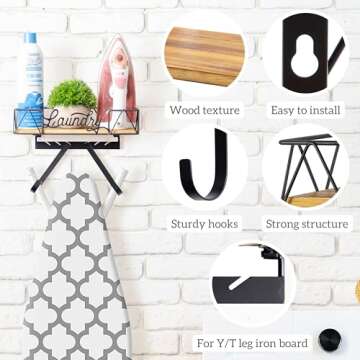 PERFNIQUE Ironing Board Holder, Wall Mount Iron Board Hanger with Removable Hooks (T&V Shaped), Wooden Base Basket, Farmhouse Laundry Room Decor