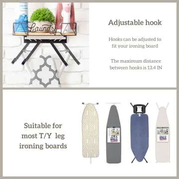 PERFNIQUE Ironing Board Holder, Wall Mount Iron Board Hanger with Removable Hooks (T&V Shaped), Wooden Base Basket, Farmhouse Laundry Room Decor