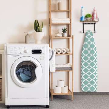 PERFNIQUE Ironing Board Holder, Wall Mount Iron Board Hanger with Removable Hooks (T&V Shaped), Wooden Base Basket, Farmhouse Laundry Room Decor