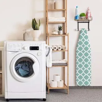 PERFNIQUE Ironing Board Holder, Wall Mount Iron Board Hanger with Removable Hooks (T&V Shaped), Wooden Base Basket, Farmhouse Laundry Room Decor