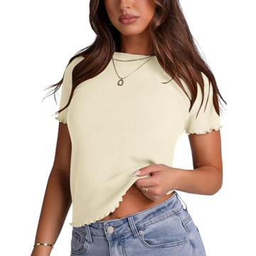 LOMON Women's Crew Neck Short Sleeves T Shirts Ribbed Summer Basic Fitted Tees Lettuce Edge Tops Bei...