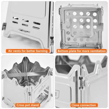 Acelane Camping Stove Stainless Steel Wood Burning Stove Camping Backpacking Stove Folding Portable Wood Stove for Picnic BBQ Camp Hiking Hunting Traveling Survival Emergency Preparedness