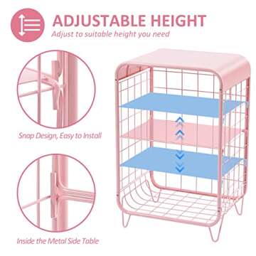 SYKIARIOL Metal Side Table,Cute Pink Nightstand,3 Tier End Table with Storage,Vintage Bedside Table,Girls Bedroom Furniture,Accent Table,Small Coffee Table for Living Room,Bedroom,Dorm