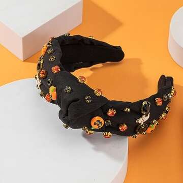 Rhinestone Knotted Jeweled Headband - Embellished Pumpkin Ghost Mixed Top Hairband for Women, Wide H...