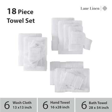 LANE LINEN Luxury Cotton Bathroom Towel Set - 100% Cotton, Zero Twist, Quick Dry, Extra Absorbent, Super Soft - 18 Piece Set With Bath, Hand, and Wash Towels - White