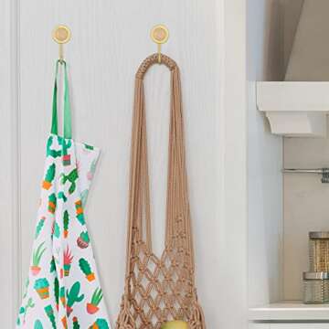 Mornajina 3 Packs Solid Brass Decorative Gold Wall Hook, White Self Adhesive Wall Hooks, Hole Free Wall Mount Hook for Home, Office, Restaurant (Yellow)