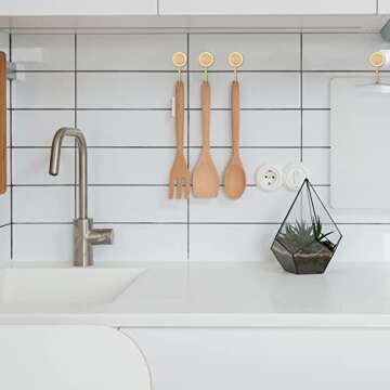 Mornajina 3 Packs Solid Brass Decorative Gold Wall Hook, White Self Adhesive Wall Hooks, Hole Free Wall Mount Hook for Home, Office, Restaurant (Yellow)