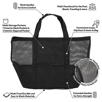 Mesh Beach Tote - Large Vacation & Travel Essentials Black Beach Bag, Foldable & Washable Lightweight Woven Summer Must Haves Swim Tote for Pool, Towels, Clothes, Food, Drinks, Necessities - 24x15x8.5