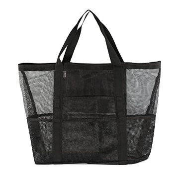 Mesh Beach Tote - Large Vacation & Travel Essentials Black Beach Bag, Foldable & Washable Lightweight Woven Summer Must Haves Swim Tote for Pool, Towels, Clothes, Food, Drinks, Necessities - 24x15x8.5