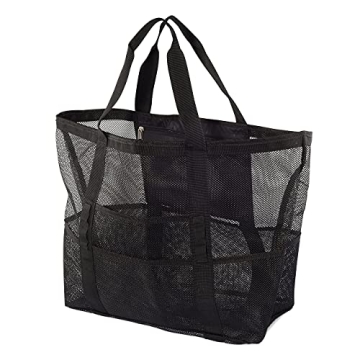 Mesh Beach Tote - Large Vacation & Travel Essentials Black Beach Bag, Foldable & Washable Lightweight Woven Summer Must Haves Swim Tote for Pool, Towels, Clothes, Food, Drinks, Necessities - 24x15x8.5