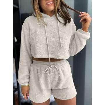 Fazortev Women Fuzzy Pajama Sets Fluffy 2 Piece Outfits Cropped Hoodie High Waist Drawstring Shorts Lounge Sets