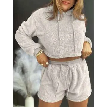 Fazortev Women Fuzzy Pajama Sets Fluffy 2 Piece Outfits Cropped Hoodie High Waist Drawstring Shorts Lounge Sets