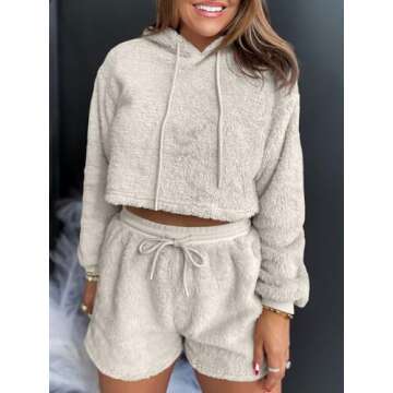 Fazortev Women Fuzzy Pajama Sets Fluffy 2 Piece Outfits Cropped Hoodie High Waist Drawstring Shorts Lounge Sets