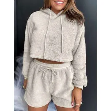 Fazortev Women Fuzzy Pajama Sets Fluffy 2 Piece Outfits Cropped Hoodie High Waist Drawstring Shorts Lounge Sets