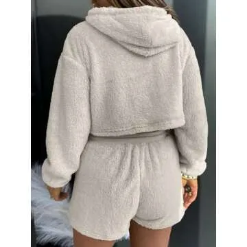 Fazortev Women Fuzzy Pajama Sets Fluffy 2 Piece Outfits Cropped Hoodie High Waist Drawstring Shorts Lounge Sets