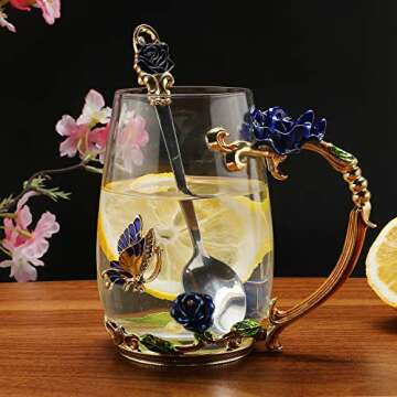 Luka Tech Enamels Butterfly flower Lead-free Glass Coffee Mugs Tea Cup with Steel Spoon, personalise...