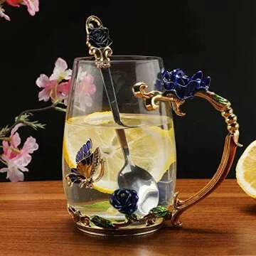 Luka Tech Enamels Butterfly flower Lead-free Glass Coffee Mugs Tea Cup with Steel Spoon, personalise...