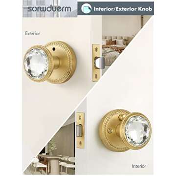 SORWDUERM Gold Door Knobs Crystal Door Knob Privacy Brushed Gold Door Knob for Bedroom and Bathroom Glass Satin Brass Door Knob Zinc Alloy 2 Pack