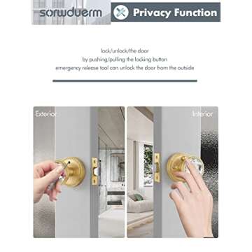 SORWDUERM Gold Door Knobs Crystal Door Knob Privacy Brushed Gold Door Knob for Bedroom and Bathroom Glass Satin Brass Door Knob Zinc Alloy 2 Pack