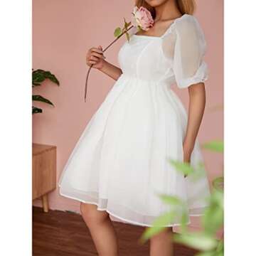 SOLILOQUY Women Puff Sleeve Off Shoulder Princess Mini Dress Lace Tulle Ruffle Mesh Party Skirts Fairycore Grunge Streetwear (White, Medium)