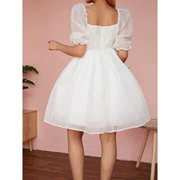 SOLILOQUY Women Puff Sleeve Off Shoulder Princess Mini Dress Lace Tulle Ruffle Mesh Party Skirts Fairycore Grunge Streetwear (White, Medium)