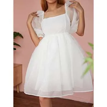 SOLILOQUY Women Puff Sleeve Off Shoulder Princess Mini Dress Lace Tulle Ruffle Mesh Party Skirts Fairycore Grunge Streetwear (White, Medium)