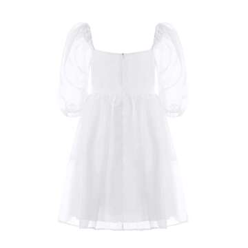 SOLILOQUY Women Puff Sleeve Off Shoulder Princess Mini Dress Lace Tulle Ruffle Mesh Party Skirts Fairycore Grunge Streetwear (White, Medium)