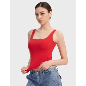 PUMIEY Women's Square Neck Tank Tops Sleeveless Double Lined Basic Going Out Top, Ruby Small