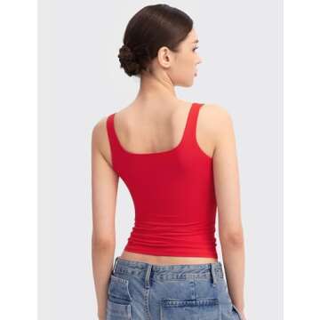 PUMIEY Women's Square Neck Tank Tops Sleeveless Double Lined Basic Going Out Top, Ruby Small