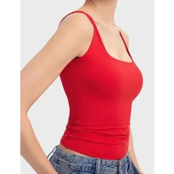 PUMIEY Women's Square Neck Tank Tops Sleeveless Double Lined Basic Going Out Top, Ruby Small