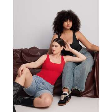 PUMIEY Women's Square Neck Tank Tops Sleeveless Double Lined Basic Going Out Top, Ruby Small