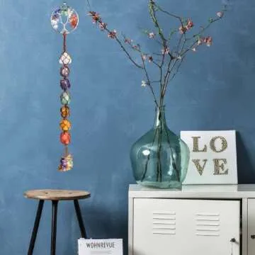 Handmade Crystal Window Car Hanging Ornaments 7 Chakra Home Decoration Feng Shui Ornament Yoga Meditation Car Decoration Tumbled Palm Stones (7 Chakras Tree)