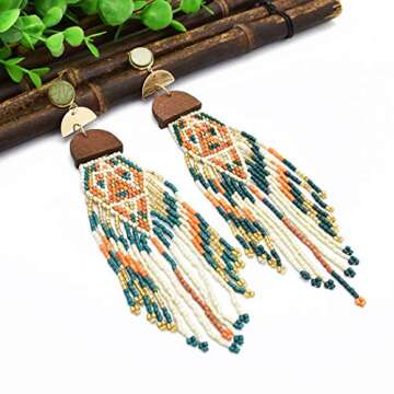 Bohemian Statement Beaded Long Tassel Earrings for Women - Red Multi Ear Jewelry