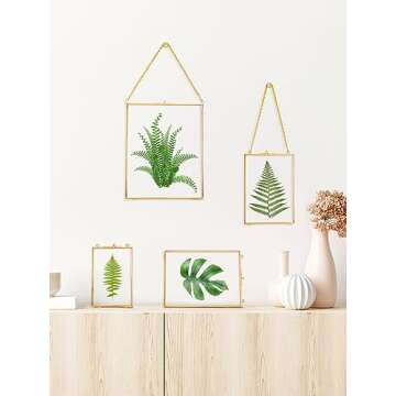 REDHUGO Hanging Pressed Flower Frames, Double Glass Floating Picture Frame Handmade, Glass Frame for Pressed Flowers, Vintage Brass Picture Frame for Artwork Wall Display Mount, Gold, 4x6 Inches