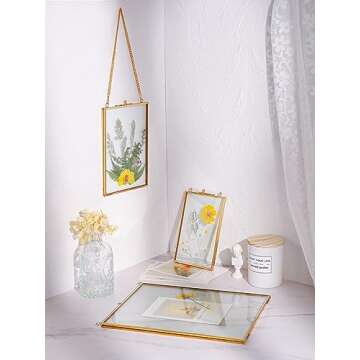 REDHUGO Hanging Pressed Flower Frames, Double Glass Floating Picture Frame Handmade, Glass Frame for Pressed Flowers, Vintage Brass Picture Frame for Artwork Wall Display Mount, Gold, 4x6 Inches