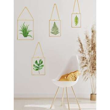 REDHUGO Hanging Pressed Flower Frames, Double Glass Floating Picture Frame Handmade, Glass Frame for Pressed Flowers, Vintage Brass Picture Frame for Artwork Wall Display Mount, Gold, 4x6 Inches